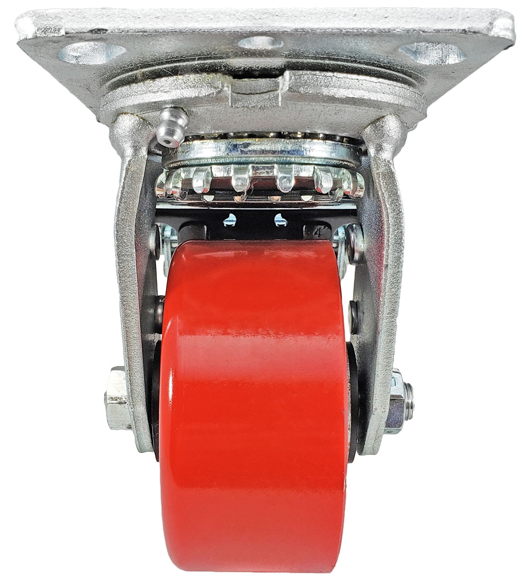 4" x 2" Total Lock Caster Set - 2 Total Locking Swivel & 2 Rigid Casters - Red Polyurethane on Steel Wheel - 2,800 lbs Capacity per set of 4 - CasterHQ