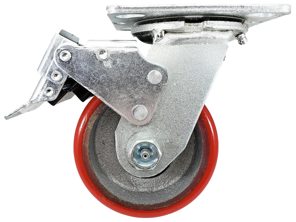 4 Inch x 2 Inch Total Lock Caster Set - 4 Pack | 2800 lbs Capacity | 2 Locking 2 Rigid Red Polyurethane CasterHQ