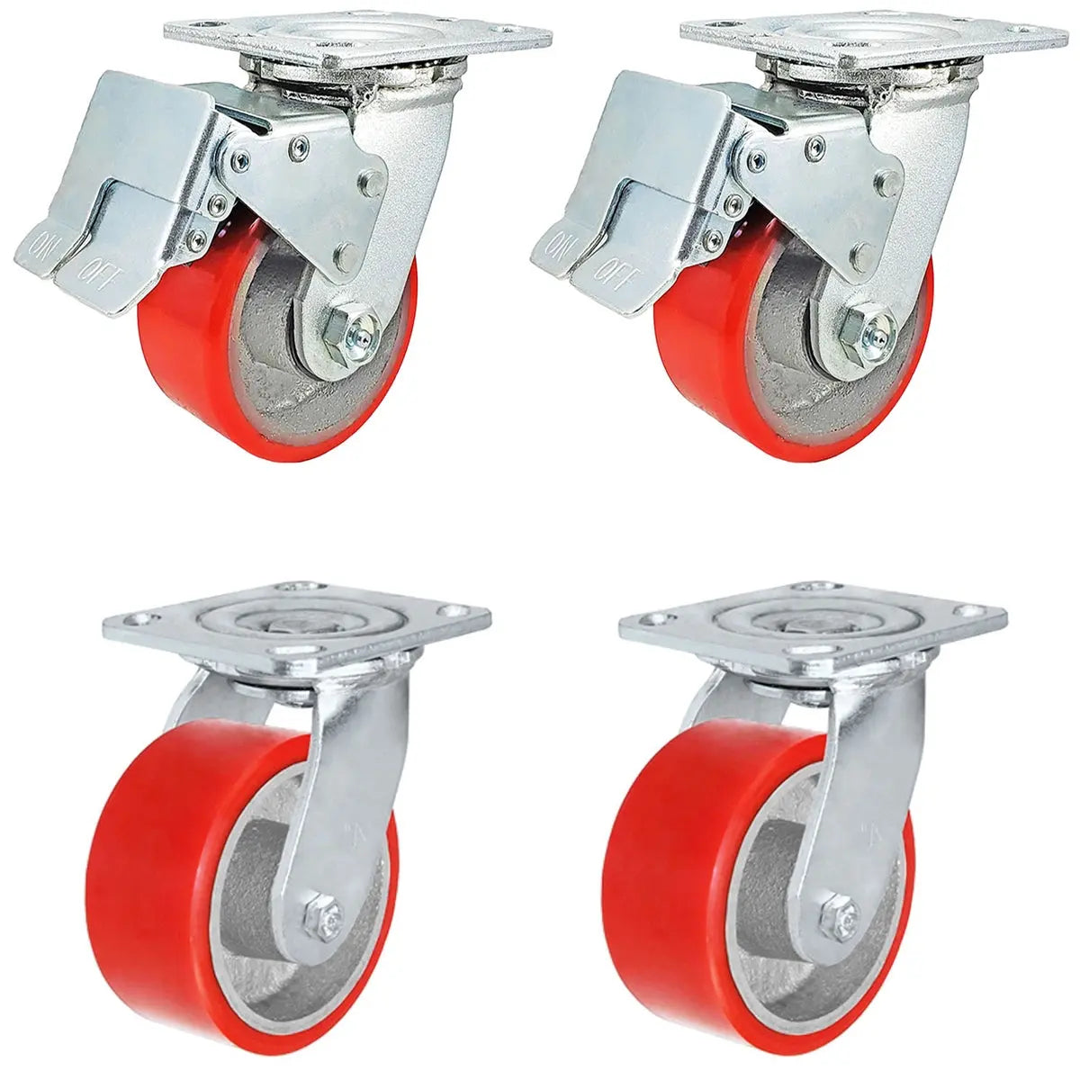 4" x 2" Total Lock Caster Set with 2 Total Locking Swivel & 2 Swivel with Red Polyurethane on Steel Wheel - 2,800 lbs Capacity per Set of 4
