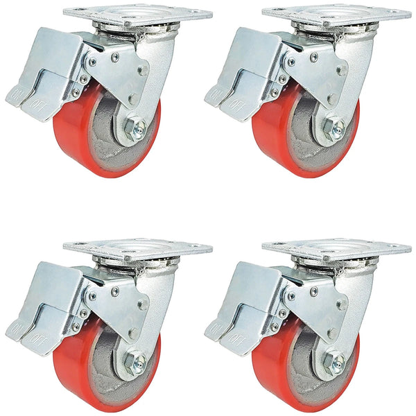 4 Inch x 2 Inch Total Lock Caster Set - 4 Pack | 2800 lbs Total Capacity | Red Polyurethane Wheel CasterHQ