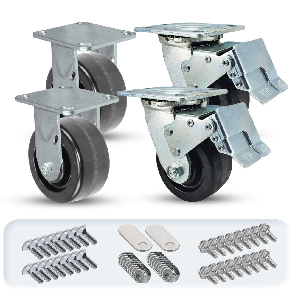 5" x 2" Total Lock Caster Set - Heavy Duty Locking Casters with Dual Pedal Metal Brakes and Phenolic Wheels, 800 lbs Capacity CasterHQ
