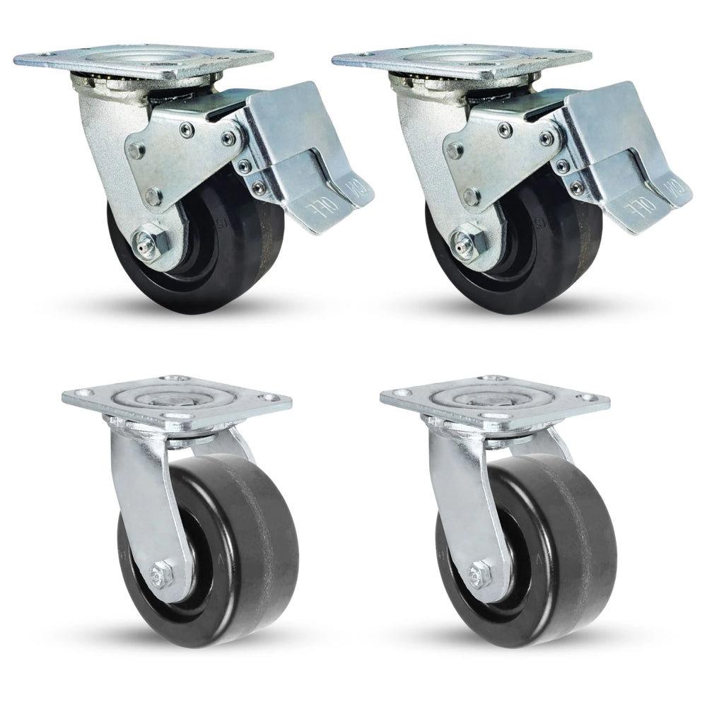 5" x 2" Phenolic Wheel Caster Set - 3200 lbs Capacity, Total Lock & Swivel - Ideal for Medium-Duty Industrial Use CasterHQ