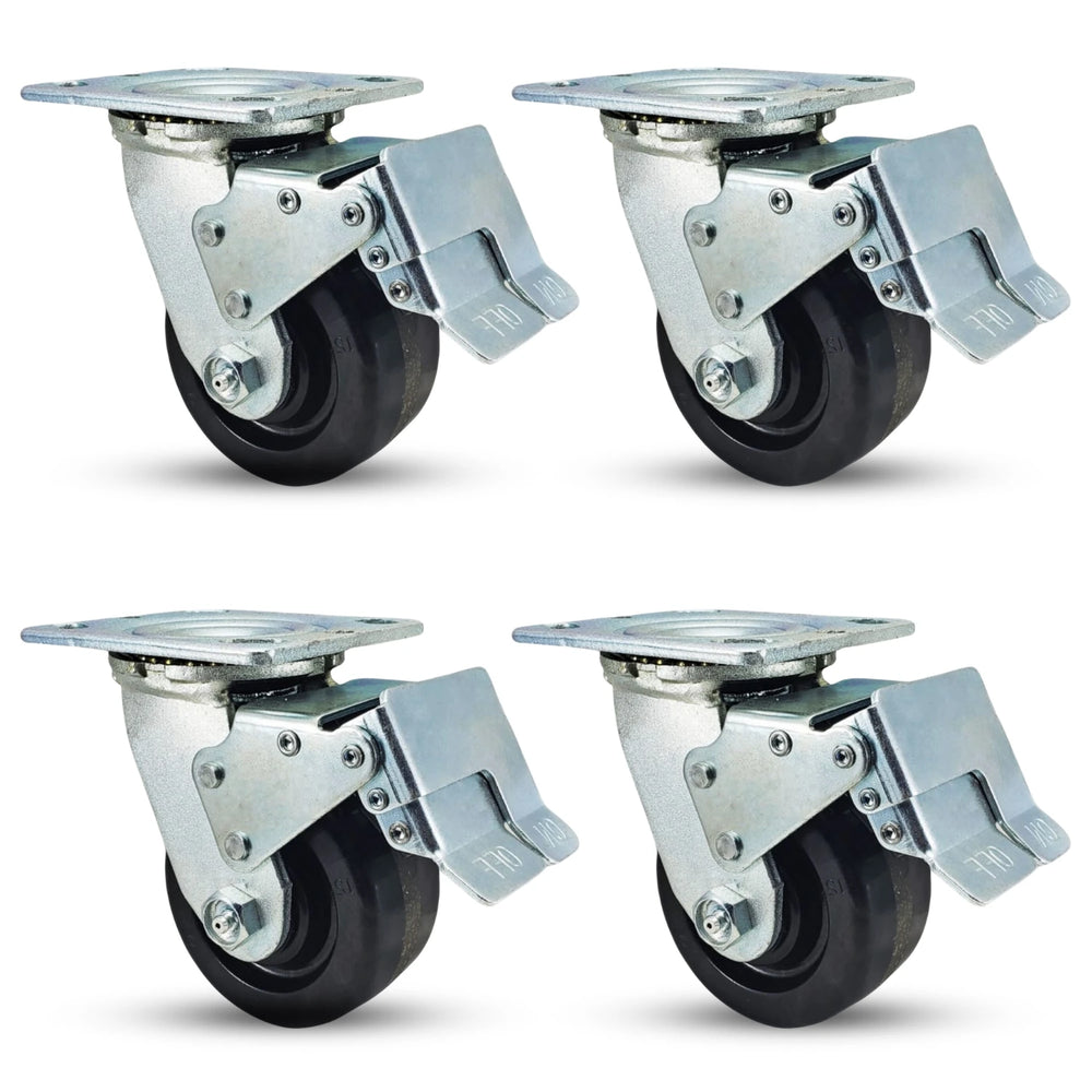 5" x 2" Phenolic Wheel Total Locks Caster Set - Heavy Duty 3,200 lbs Capacity for Industrial Use CasterHQ