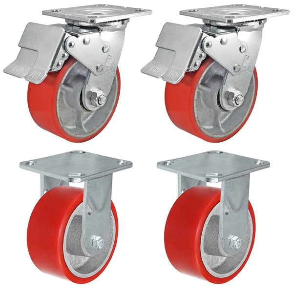 5 Inch x 2 Inch Total Lock Caster Set - 4 Pack | 4000 lbs Capacity | 2 Locking 2 Rigid Red Polyurethane CasterHQ