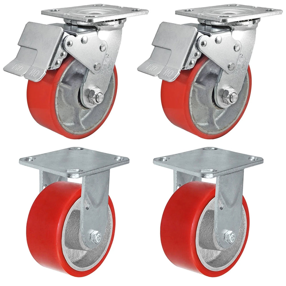 5 Inch x 2 Inch Total Lock Caster Set - 4 Pack | 4000 lbs Capacity | 2 Locking 2 Rigid Red Polyurethane CasterHQ