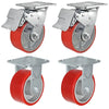 5 Inch x 2 Inch Total Lock Caster Set - 4 Pack | 4000 lbs Capacity | 2 Locking 2 Rigid Red Polyurethane CasterHQ