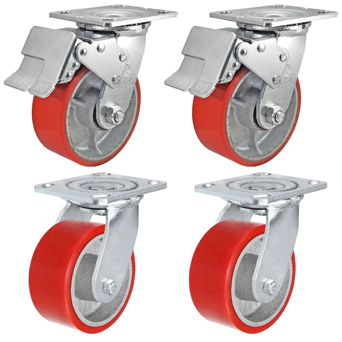 5 Inch x 2 Inch Total Lock Caster Set - 4 Pack | 4000 lbs Capacity | 2 Locking 2 Swivel Red Polyurethane CasterHQ