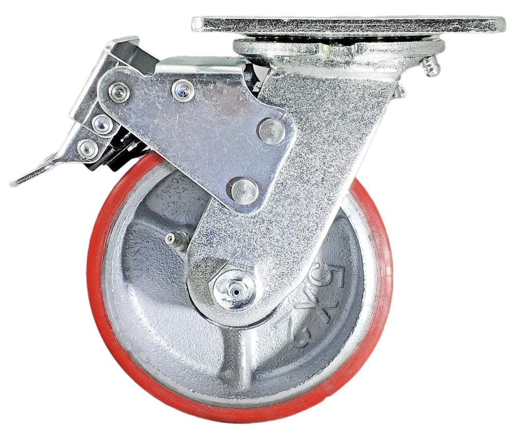 5 Inch x 2 Inch Total Lock Caster Set - 4 Pack | 4000 lbs Capacity | 2 Locking 2 Swivel Red Polyurethane CasterHQ