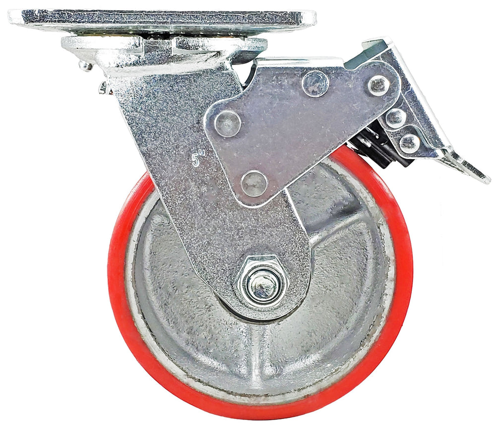 5 Inch x 2 Inch Total Lock Caster Set - 4 Pack | 4000 lbs Capacity | 2 Locking 2 Swivel Red Polyurethane CasterHQ