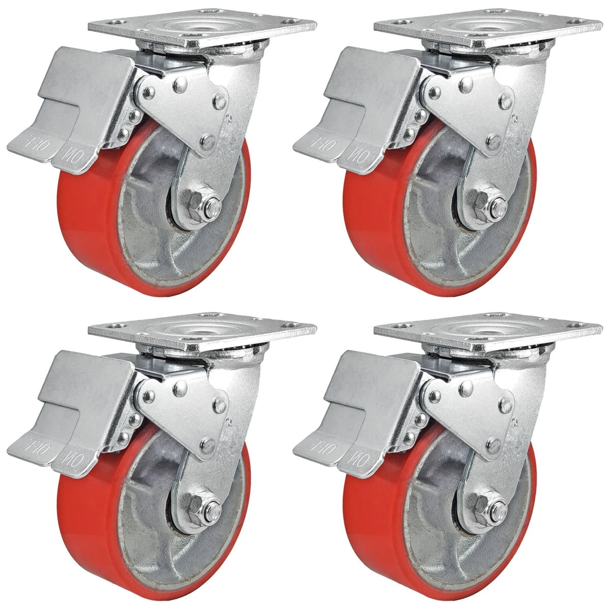 5 Inch x 2 Inch Total Lock Caster Set - 4 Pack | 4000 lbs Total Capacity | Red Polyurethane Wheel CasterHQ