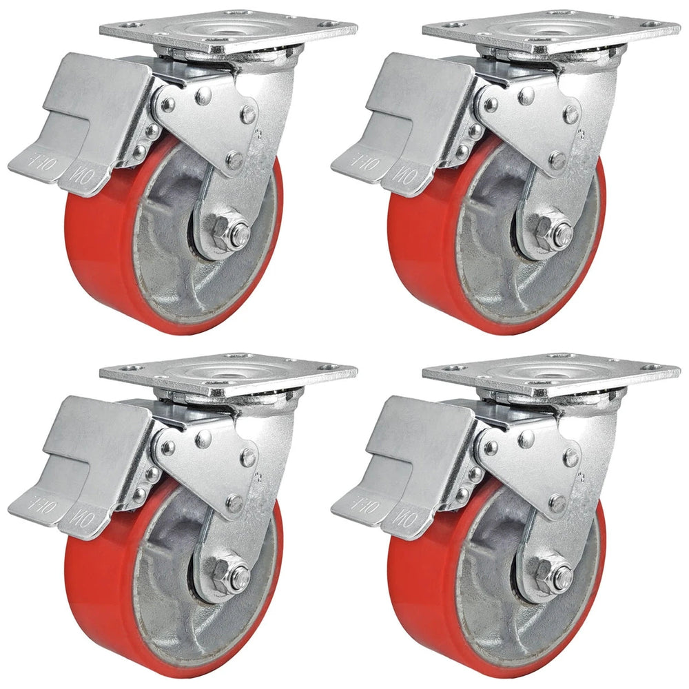 5 Inch x 2 Inch Total Lock Caster Set - 4 Pack | 4000 lbs Total Capacity | Red Polyurethane Wheel CasterHQ