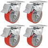5 Inch x 2 Inch Total Lock Caster Set - 4 Pack | 4000 lbs Total Capacity | Red Polyurethane Wheel CasterHQ