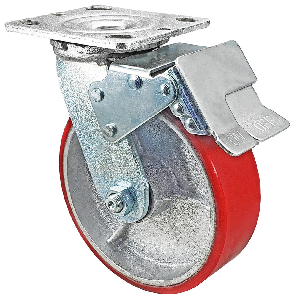 6 Inch x 2 Inch Total Lock Caster Set - 4 Pack | 4800 lbs Capacity | 2 Locking 2 Rigid Red Polyurethane CasterHQ