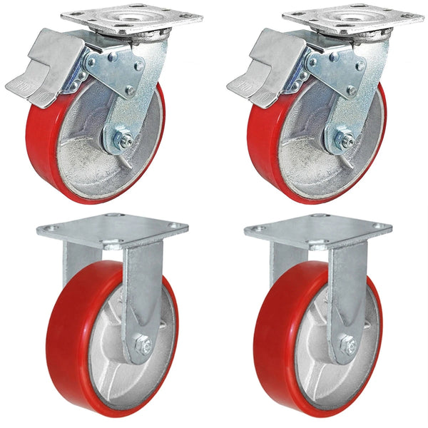 6 Inch x 2 Inch Total Lock Caster Set - 4 Pack | 4800 lbs Capacity | 2 Locking 2 Rigid Red Polyurethane CasterHQ