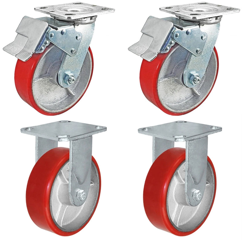 6 Inch x 2 Inch Total Lock Caster Set - 4 Pack | 4800 lbs Capacity | 2 Locking 2 Rigid Red Polyurethane CasterHQ