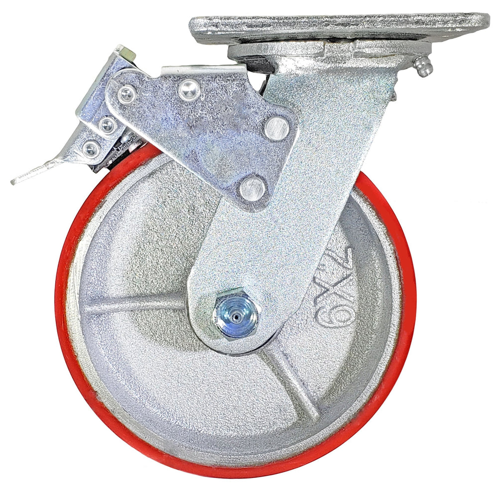 6 Inch x 2 Inch Total Lock Caster Set - 4 Pack | 4800 lbs Capacity | 2 Locking 2 Rigid Red Polyurethane CasterHQ