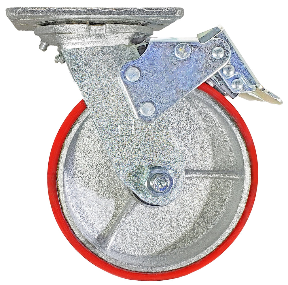 6 Inch x 2 Inch Total Lock Caster Set - 4 Pack | 4800 lbs Capacity | 2 Locking 2 Rigid Red Polyurethane CasterHQ