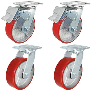 6" x 2" Red Poly on Steel Total Lock Caster Set – 4,800 lb