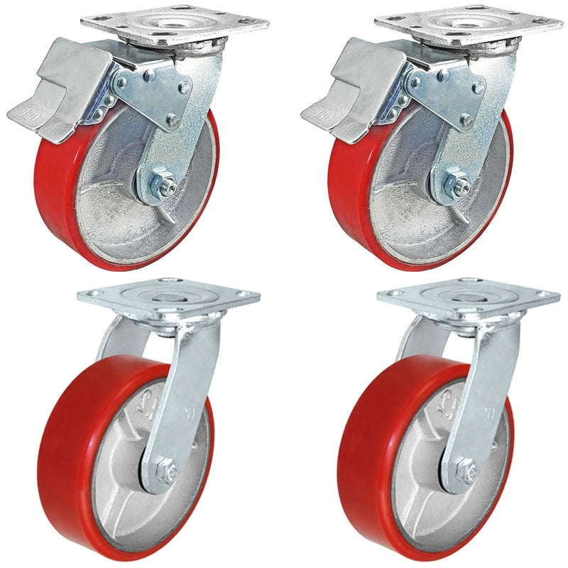 6" x 2" Total Lock Caster Set of 4 - 2 Total Locking Swivel & 2 Plain Swivel with Red Polyurethane on Steel Wheel - 4,800 lbs Capacity Set of 4 CasterHQ