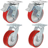 6" x 2" Total Lock Caster Set of 4 - 2 Total Locking Swivel & 2 Plain Swivel with Red Polyurethane on Steel Wheel - 4,800 lbs Capacity Set of 4 CasterHQ