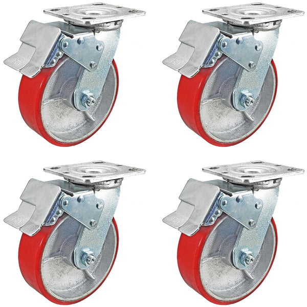 6 Inch x 2 Inch Total Lock Caster Set - 4 Pack | 4800 lbs Total Capacity | Red Polyurethane Wheel CasterHQ