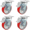 6 Inch x 2 Inch Total Lock Caster Set - 4 Pack | 4800 lbs Total Capacity | Red Polyurethane Wheel