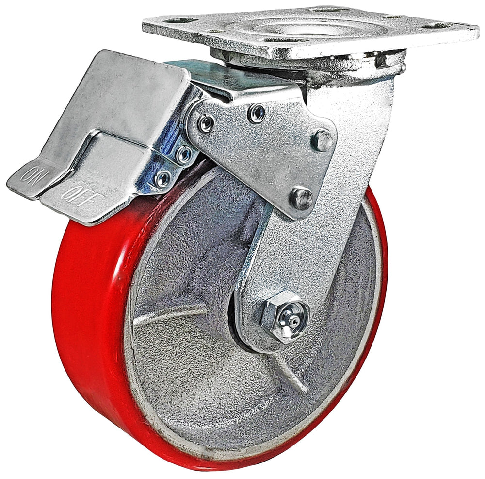 6 Inch x 2 Inch Total Lock Caster Set - 4 Pack | 4800 lbs Total Capacity | Red Polyurethane Wheel CasterHQ