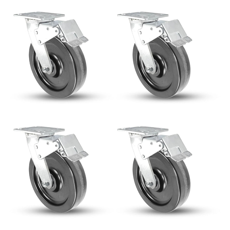 8 Inch x 2 Inch Phenolic Caster Set - 4 Pack with Total Locks | 4000 lbs Capacity Heavy Duty CasterHQ