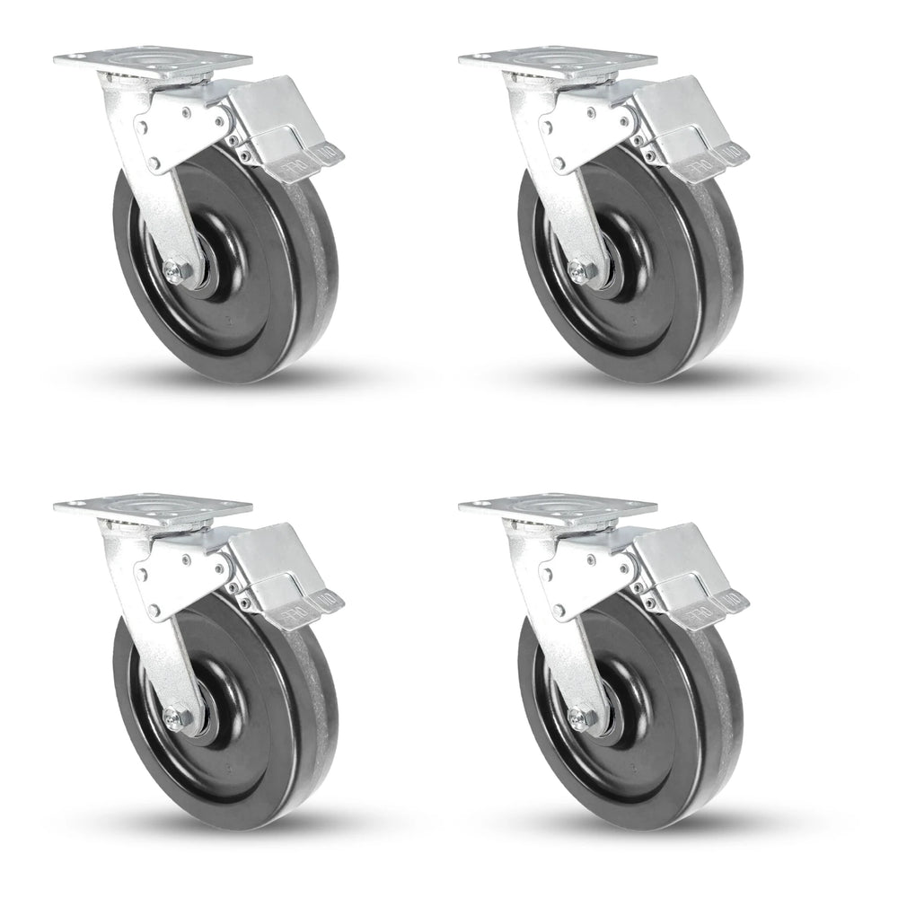 8 Inch x 2 Inch Phenolic Caster Set - 4 Pack with Total Locks | 4000 lbs Capacity Heavy Duty CasterHQ
