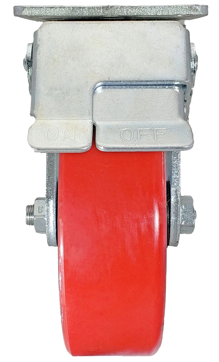 8" x 2" Total Lock Caster Set of 4 - 2 Total Locking Casters & 2 Rigid Casters with Red Polyurethane on Steel Wheel - 5,000 lbs Capacity Per Set of 4 CasterHQ