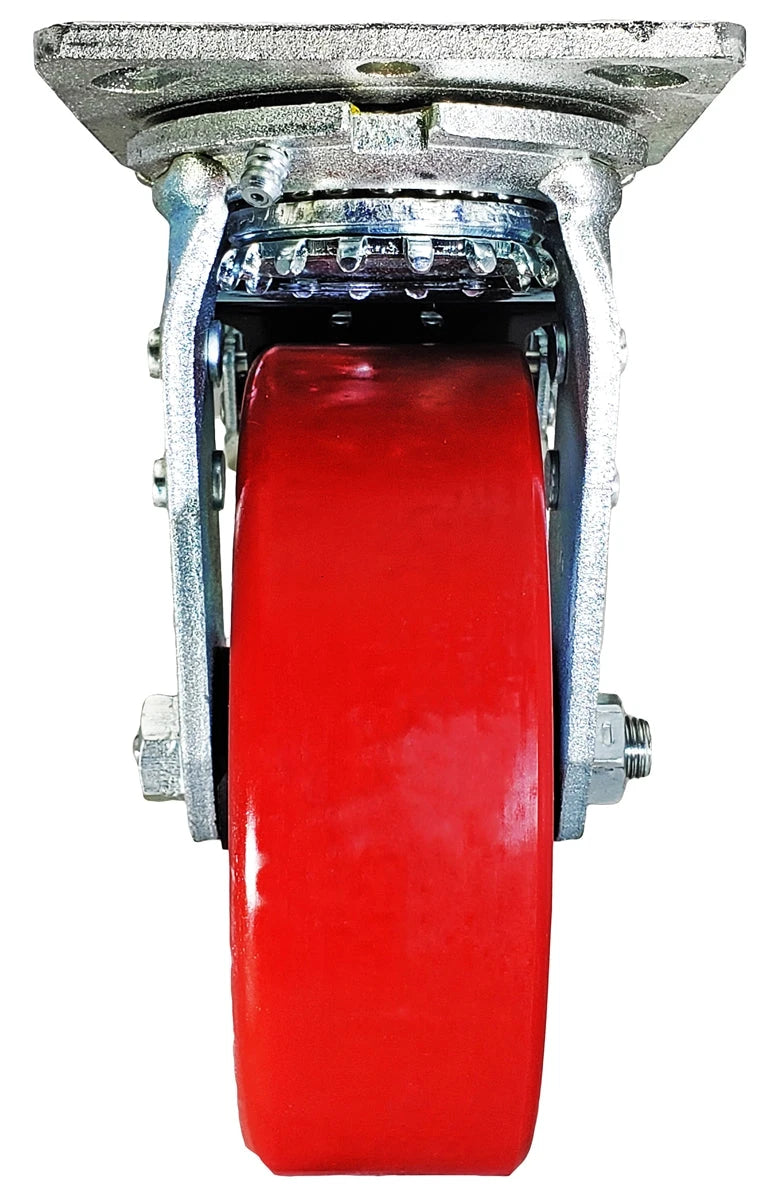8" x 2" Total Lock Caster Set of 4 - 2 Total Locking Casters & 2 Rigid Casters with Red Polyurethane on Steel Wheel - 5,000 lbs Capacity Per Set of 4 CasterHQ