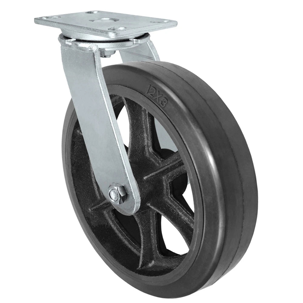 12 Inch Swivel Caster - 1300 lbs Capacity | Rubber Tread Wheel Cast Iron Core Heavy Duty CasterHQ