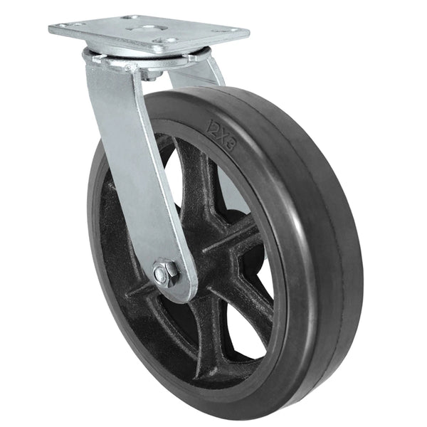 12 Inch Swivel Caster - 1300 lbs Capacity | Rubber Tread Wheel Cast Iron Core Heavy Duty CasterHQ