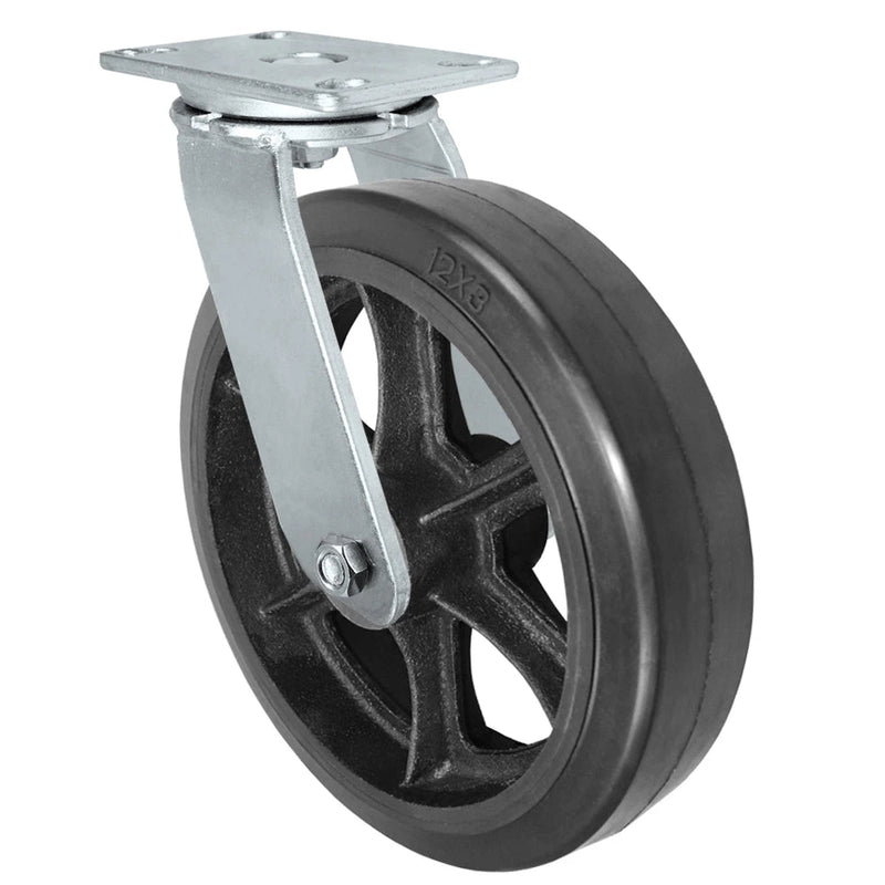 12 Inch Swivel Caster - 1300 lbs Capacity | Rubber Tread Wheel Cast Iron Core Heavy Duty CasterHQ