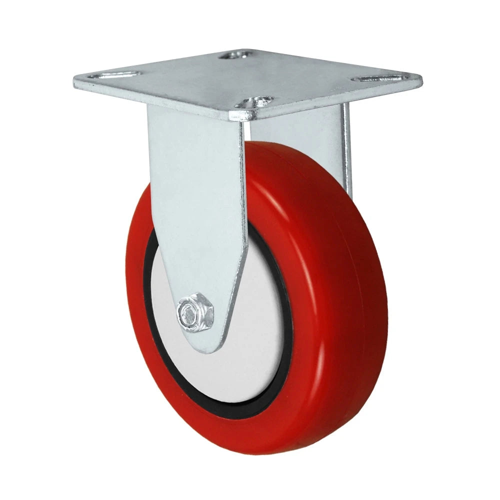 3-1/2" x 1-1/4" Rigid Caster | Red Polyurethane on Polyolefin Core Wheel | 275 lbs Capacity | Plate Size: 3-1/8" x 4-1/8" CasterHQ
