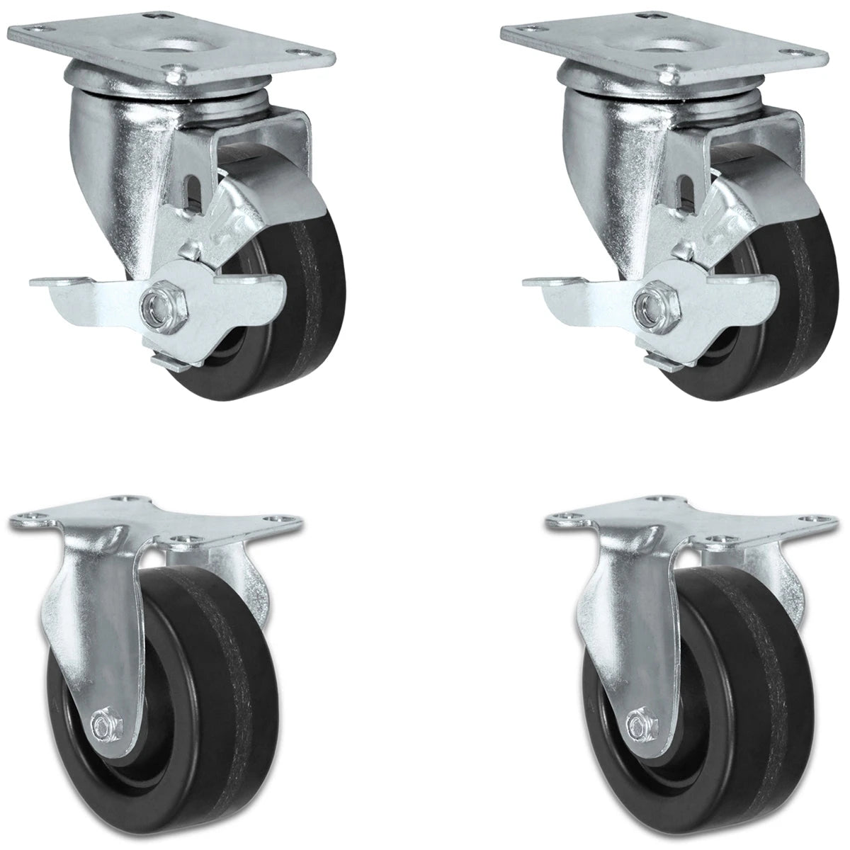 3" X 1.25" Light Duty Phenolic Wheel - 2 Swivel with Brakes 2 Rigid Caster Set of 4 - 1,200 lbs Capacity Per Set of 4 CasterHQ