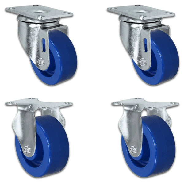 3" Solid Polyurethane Wheel | 2 Swivel & 2 Rigid Caster Set of 4 | Plate Size: 2-3/8" x 3-5/8" | 1,200 lbs Capacity Per Set CasterHQ