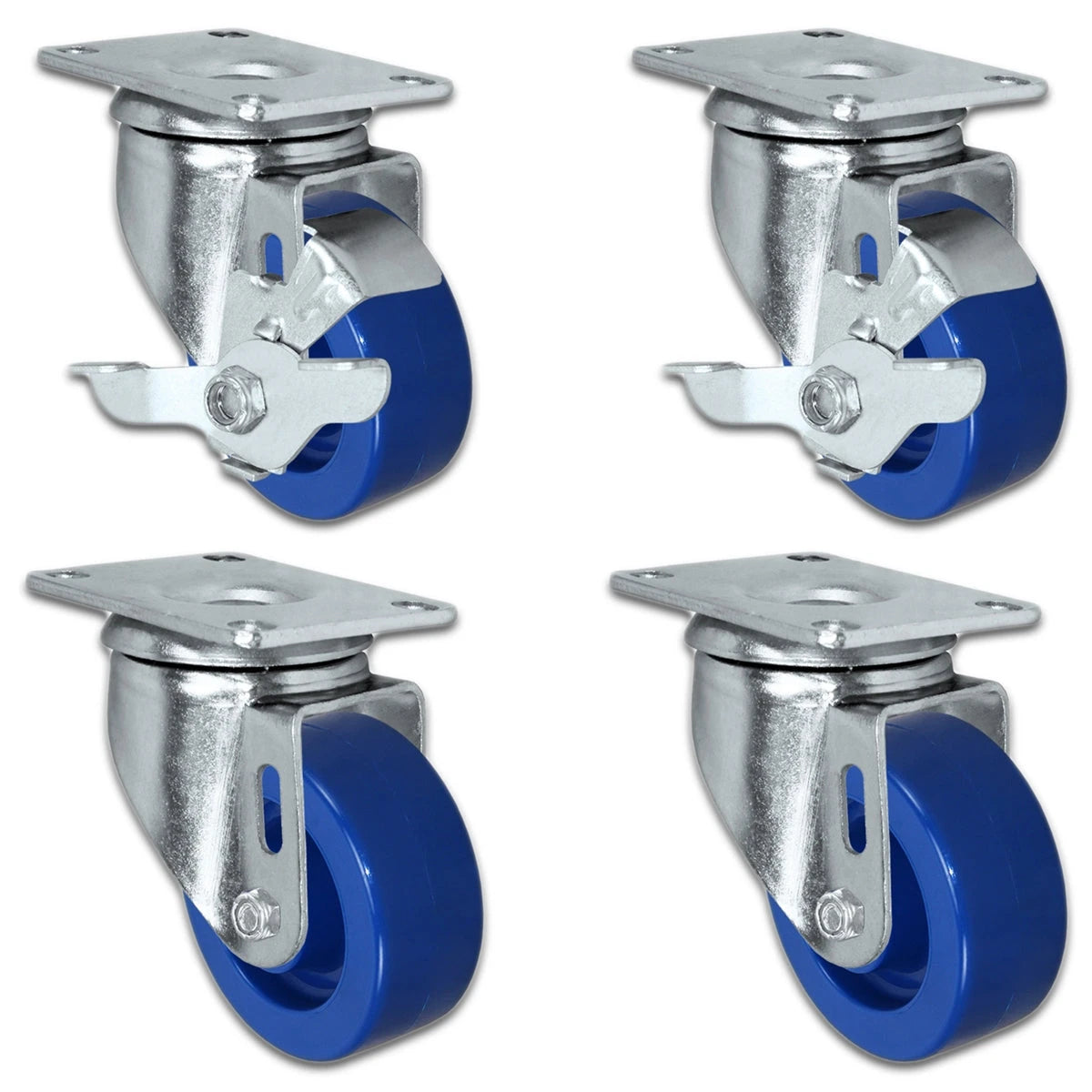 3" Solid Polyurethane Wheel | 2 Swivel with Brakes & 2 Swivel | Caster Set of 4 | Plate Size: 2-3/8" x 3-5/8" | 1,200 lbs Capacity Per Set CasterHQ