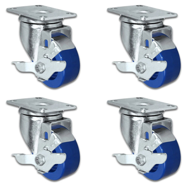 3" Solid Polyurethane Wheel | 4 Swivel with Brakes | Caster Set of 4 | Plate Size: 2-3/8" x 3-5/8" | 1,200 lbs Capacity Per Set CasterHQ