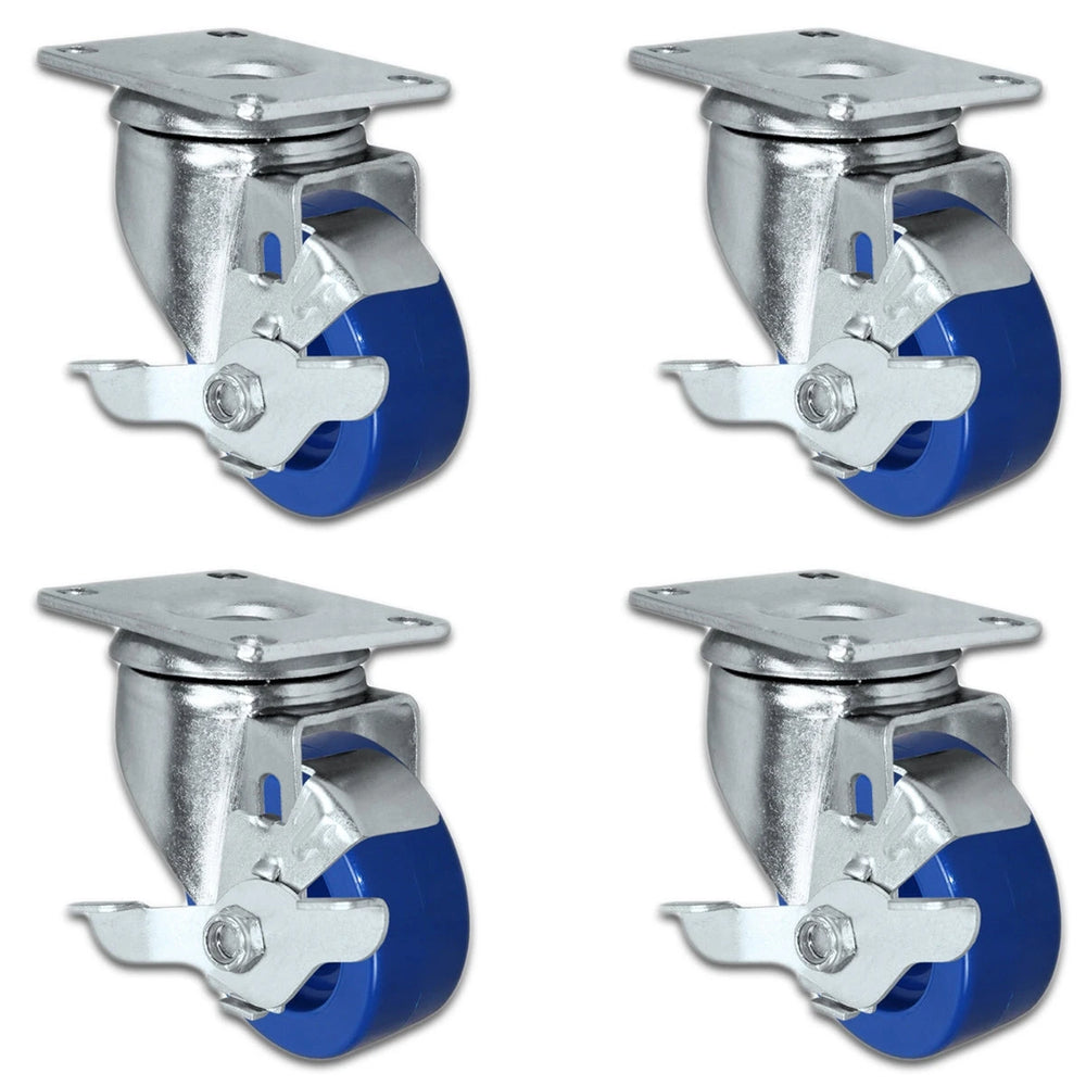 3" Solid Polyurethane Wheel | 4 Swivel with Brakes | Caster Set of 4 | Plate Size: 2-3/8" x 3-5/8" | 1,200 lbs Capacity Per Set CasterHQ