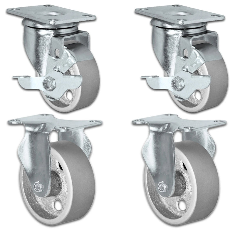 3" X 1.25" Steel Wheel Caster Set of 4 - 2 Locking Swivel & 2 Rigid Casters - 1,400 lbs Capacity Per Set CasterHQ