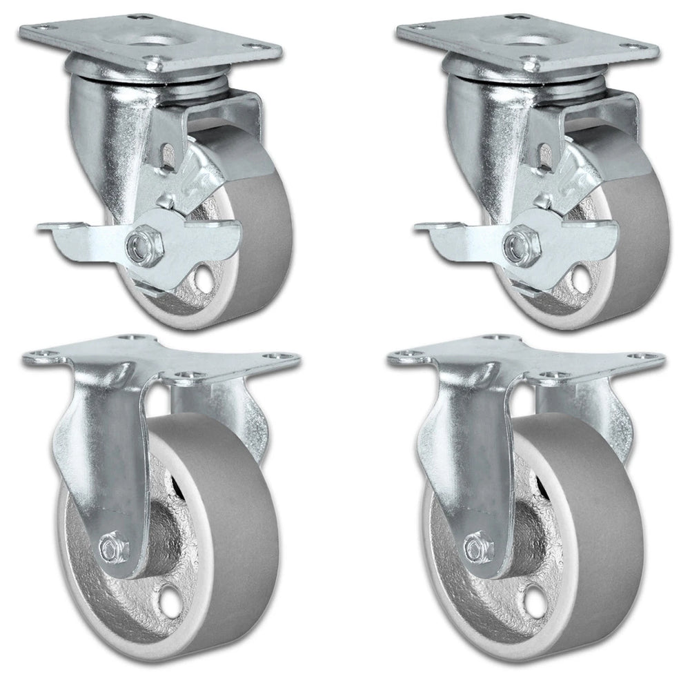 4" X 1.25" Steel Wheel Caster Set of 4 - 2 Locking Swivel & 2 Rigid Casters - 1,400 lbs Capacity Per Set CasterHQ