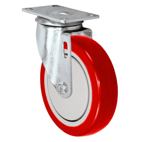 5" X 1.25" Red Polyurethane on Polyolefin Wheel - Swivel Caster - 350 lbs Capacity CasterHQ