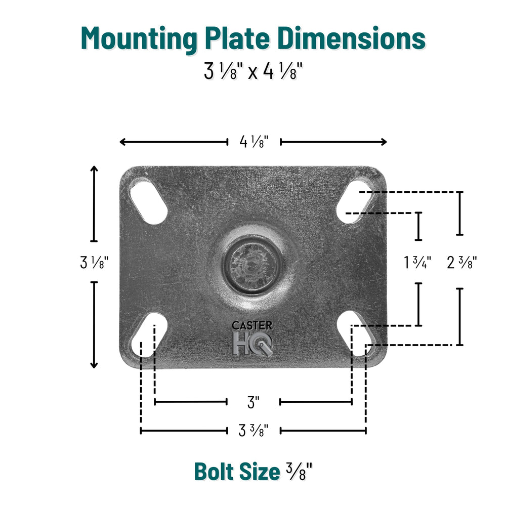 Dimensioned drawing of the optional 3-1/8 inch x 4-1/8 inch caster top plate, slotted bolt holes 1-3/4 inch to 2-3/8 inch by 3 inch to 3-3/8 inch, 3/8 inch attaching bolt