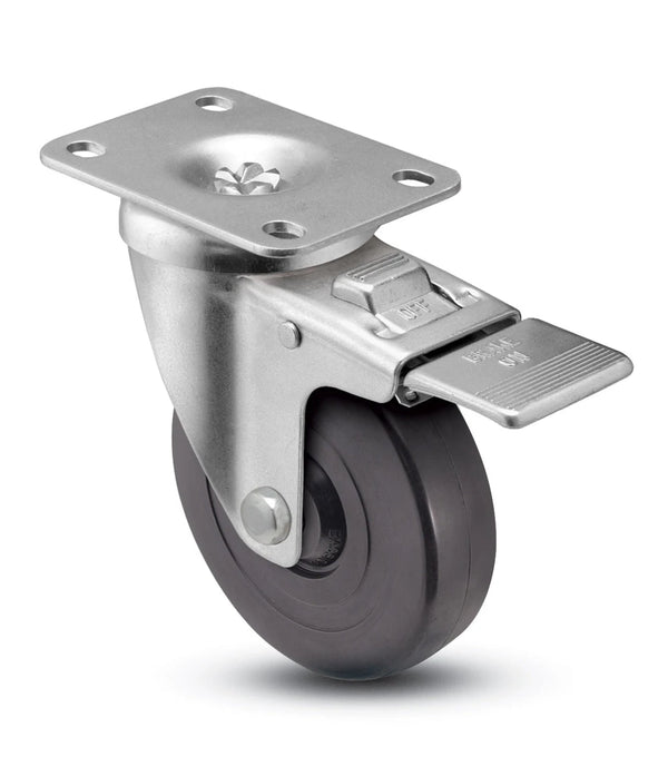 4" x 1-1/4" Total Locking Plate Caster | Hard Rubber Wheel | 2-3/8" x 3-5/8" Top Plate | 300 lbs Capacity CasterHQ