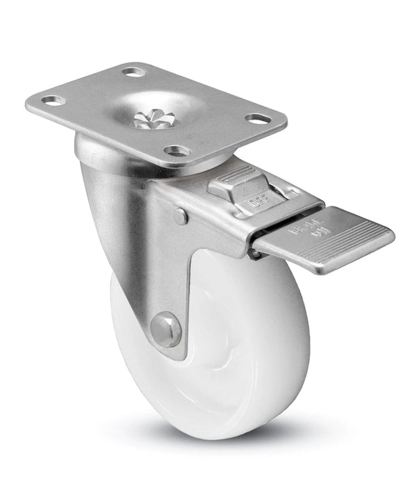 3" x 1-1/4" Total Locking Plate Caster | White Nylon Wheel | 2-3/8" x 3-5/8" Top Plate | 300 lbs Capacity CasterHQ