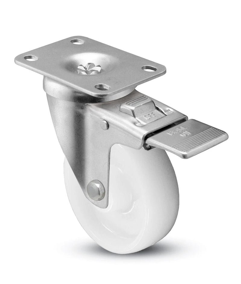 3" x 1-1/4" Total Locking Plate Caster | White Nylon Wheel | 2-3/8" x 3-5/8" Top Plate | 300 lbs Capacity CasterHQ