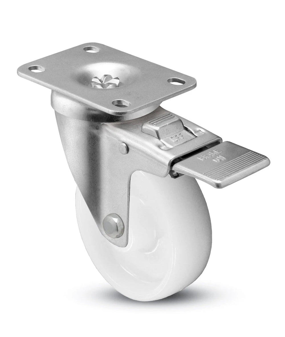 5" x 1-1/4" Total Locking Plate Caster | White Nylon Wheel | 2-3/8" x 3-5/8" Top Plate | 350 lbs Capacity CasterHQ