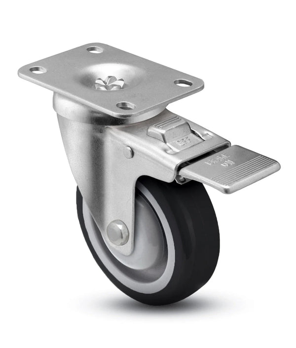 4" x 1-1/4" Total Locking Plate Caster | Black Polyurethane Wheel | 2-3/8" x 3-5/8" Top Plate | 300 lbs Capacity CasterHQ