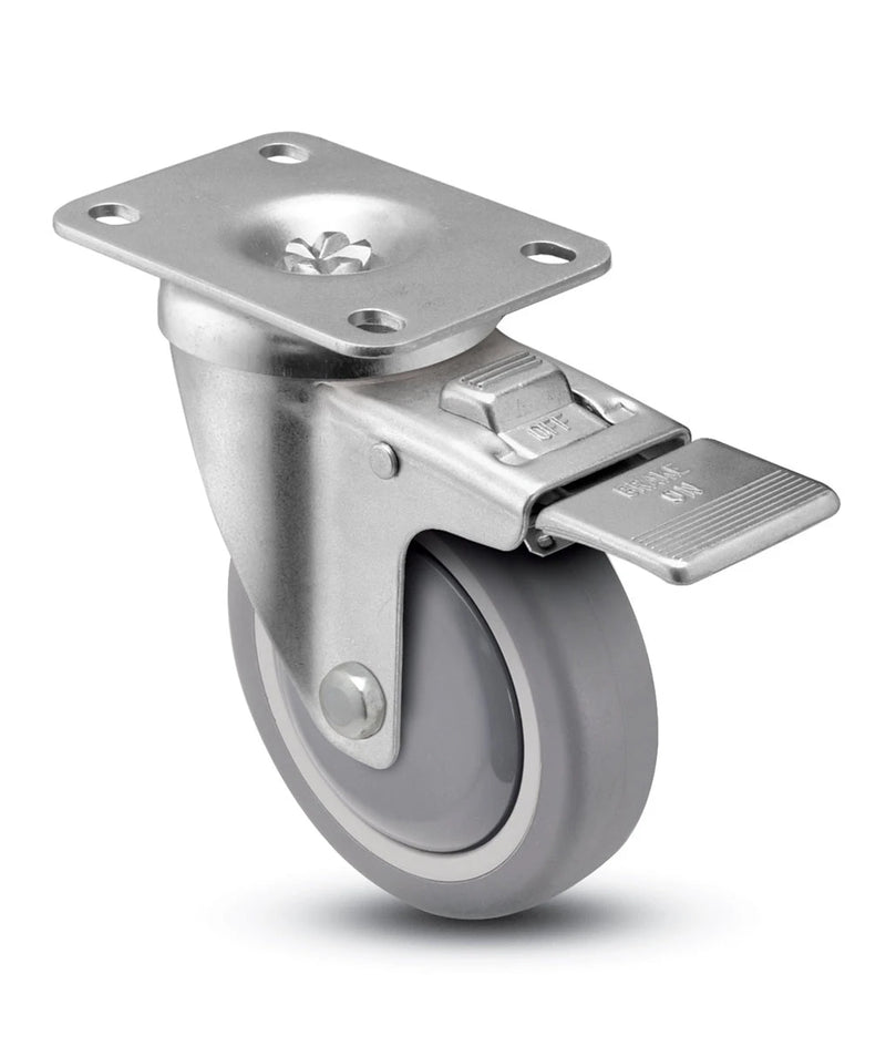 4" x 1-1/4" Total Locking Plate Caster | Gray Polyurethane Wheel | 2-3/8" x 3-5/8" Top Plate | 300 lbs Capacity CasterHQ